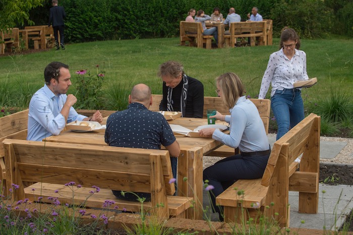 Meeting outside on one of our custom made benches in meeting room Boost